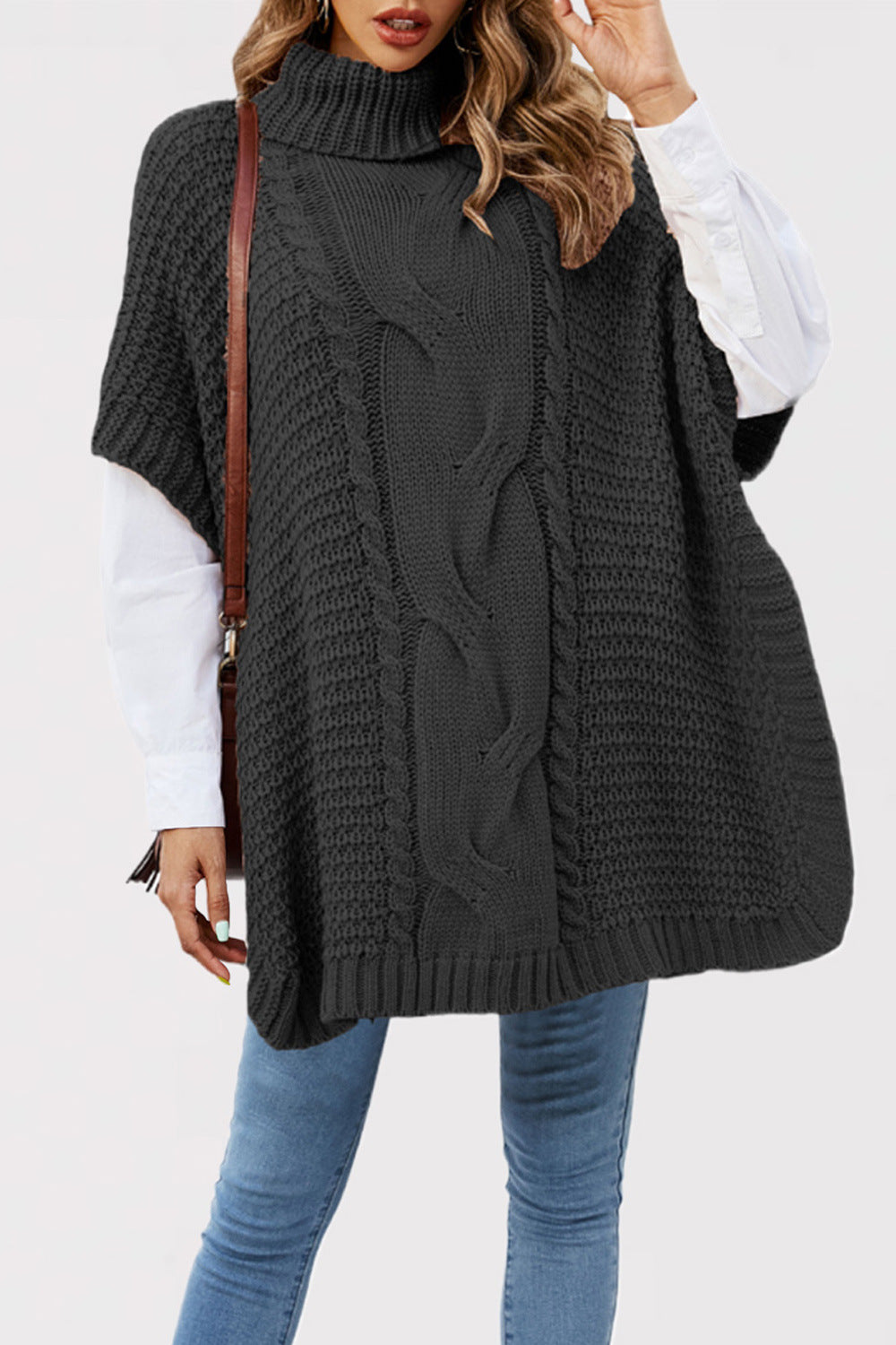 Cross-border women's clothing autumn and winter 2025 new turtleneck twist shawl knitted sweater loose half-sleeved  vest sweater