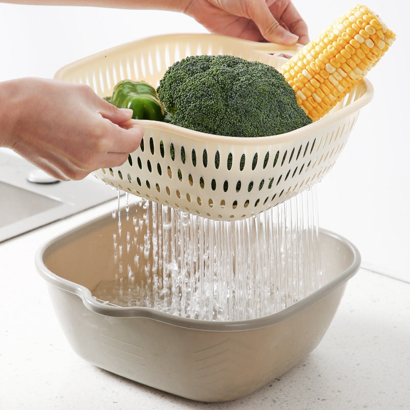 Double-layer vegetable basin drain basket six-piece set kitchen fruit washing tray living room for home square vegetable washing basin vegetable basket