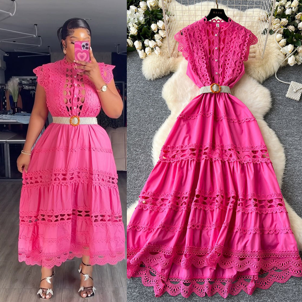 Palace retrofrenchlong dress women's fashionelegancecut outlacepatchwork sleeveless waist swing dress