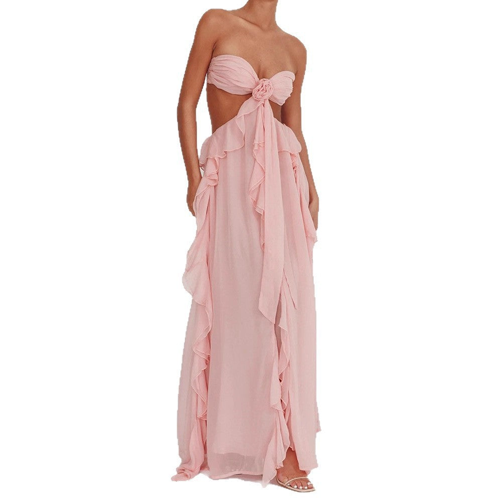 European and american  spring/summer cross-border e-commerce new sexy strappy bandeau backless ruffle maxi dress for women