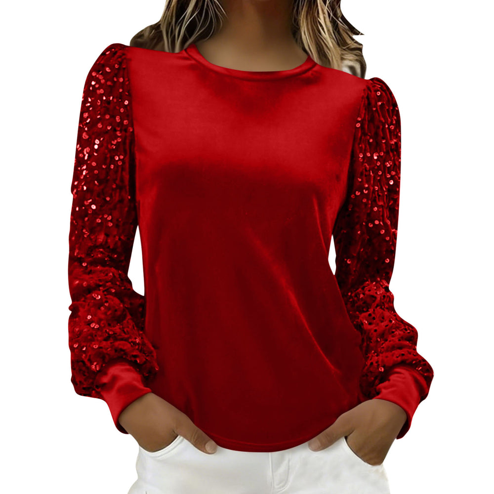 new arrival: independent e-commerce fashion women's gold velvet crew neck sequin patchwork long sleeve t-shirt top (us & european style)