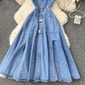 Sense of design large lapel sleeveless vest dress female heart cut out exposed waist silmlongchinese ancient style denim dress female