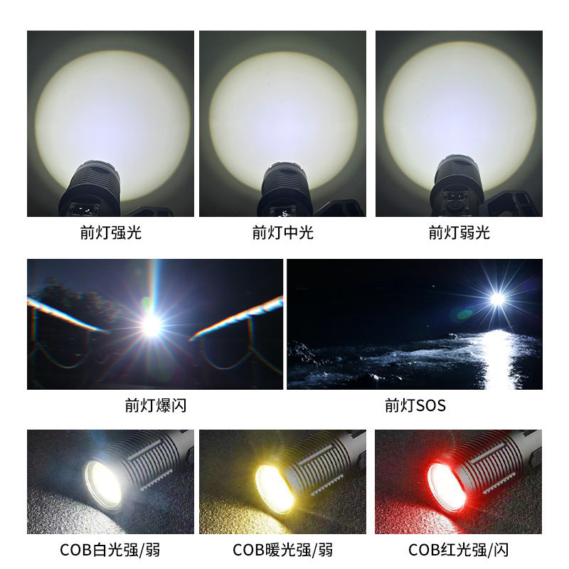 Cross-border XHP160 + COB strong light flashlight Type-C charging intelligent electric display high-power portable searchlight