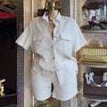 European and american cross-border women's fashion:  autumn new collection - solid color turn-down collar button-down short sleeve shirt and wide-leg shorts set