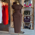 European and american women's clothing  autumn new collection: sweet and fresh off-the-shoulder short-sleeve blouse and high-waisted midi skirt two-piece set