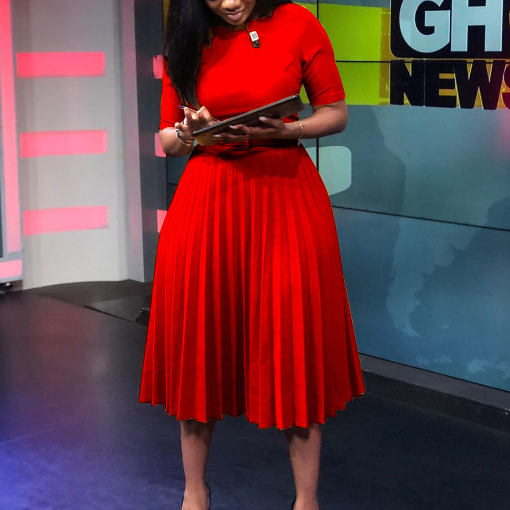 Belted cross-border supply  fashion plus size african women's high-waisted pleated dress - european & american style