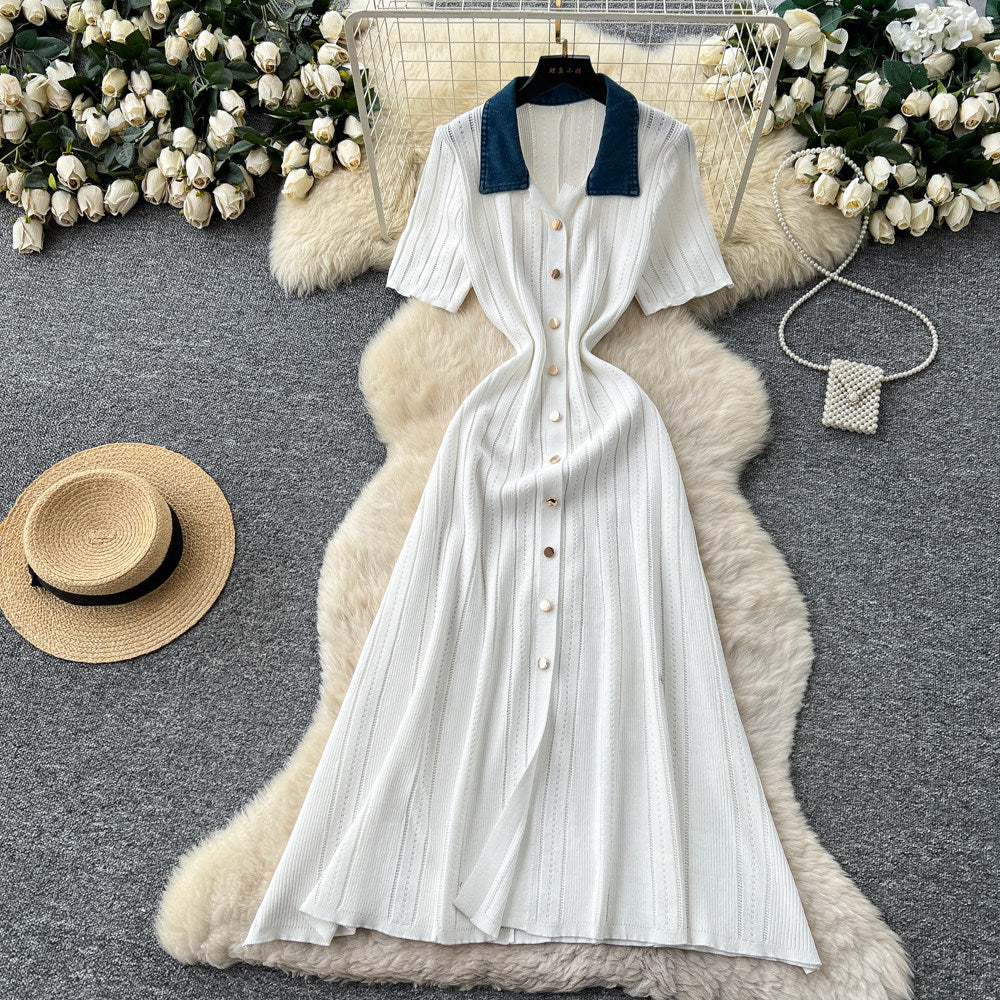 Frenchretrocontrast color lapel short sleeve metal button silmknittingdress women's spring waist slimming lookelegant skirt