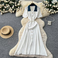 Frenchretrocontrast color lapel short sleeve metal button silmknittingdress women's spring waist slimming lookelegant skirt
