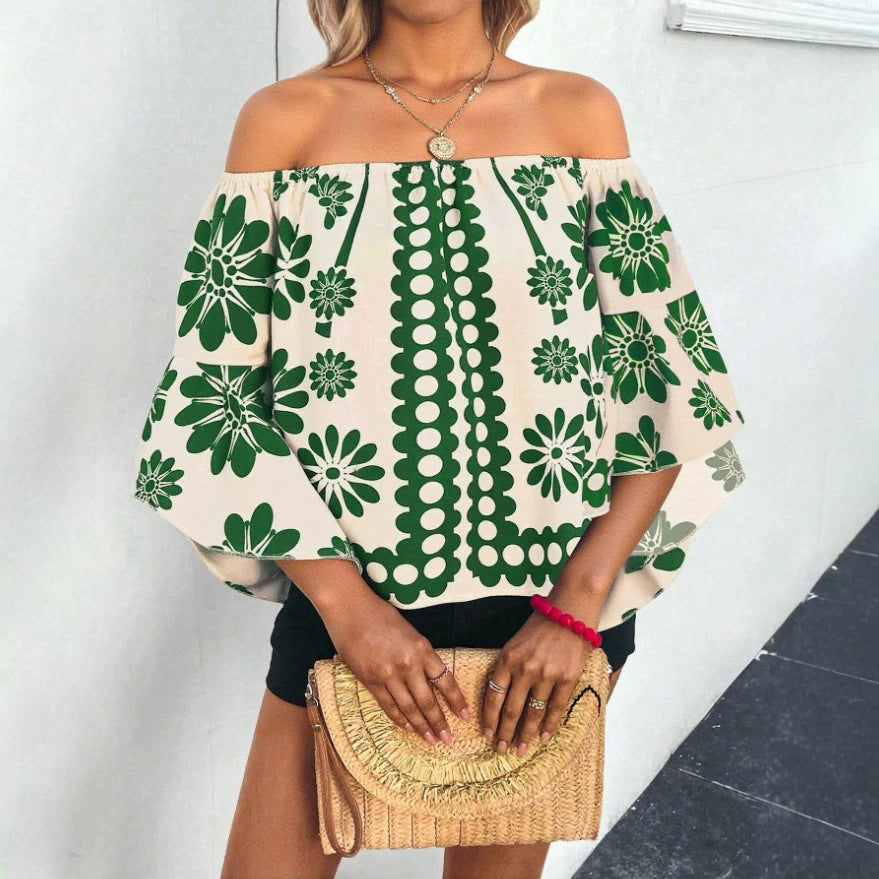 European and american style women's bohemian shirt dress - floral print, off-the-shoulder, vacation-inspired, loose fit, new arrival