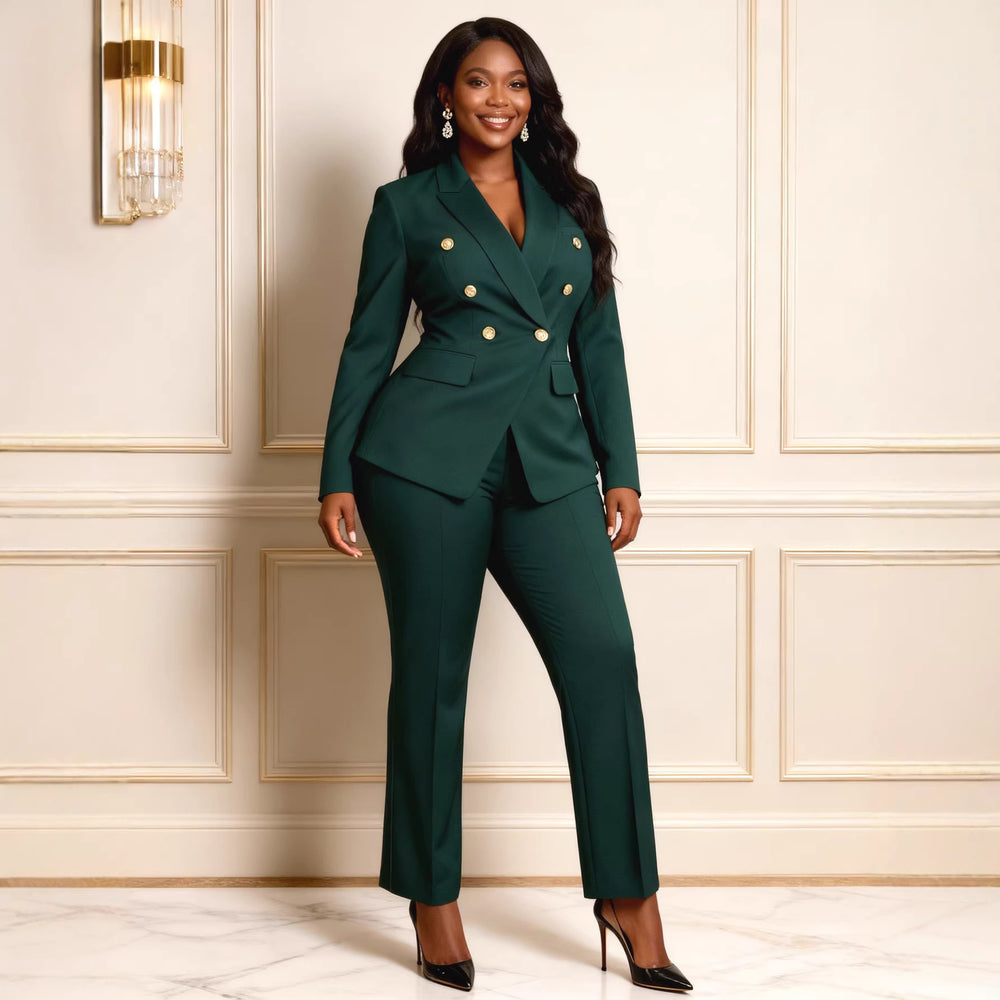 Dark green double-breasted gold button suit set - slim fit blazer and straight-leg trousers, commuter chic two-piece outfit