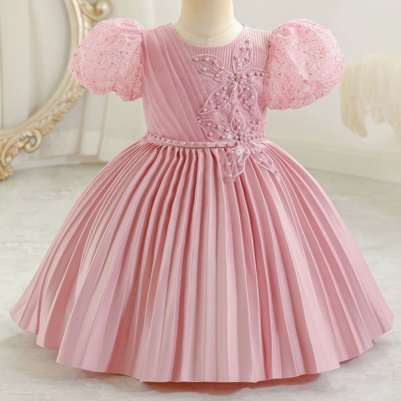 Export children's dress satin puff sleeve party princess dress flower girl birthday party dress kids dress