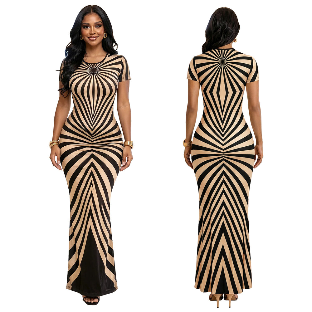 C7725 cross-border   fashion women's elegant personalized printed striped long dress