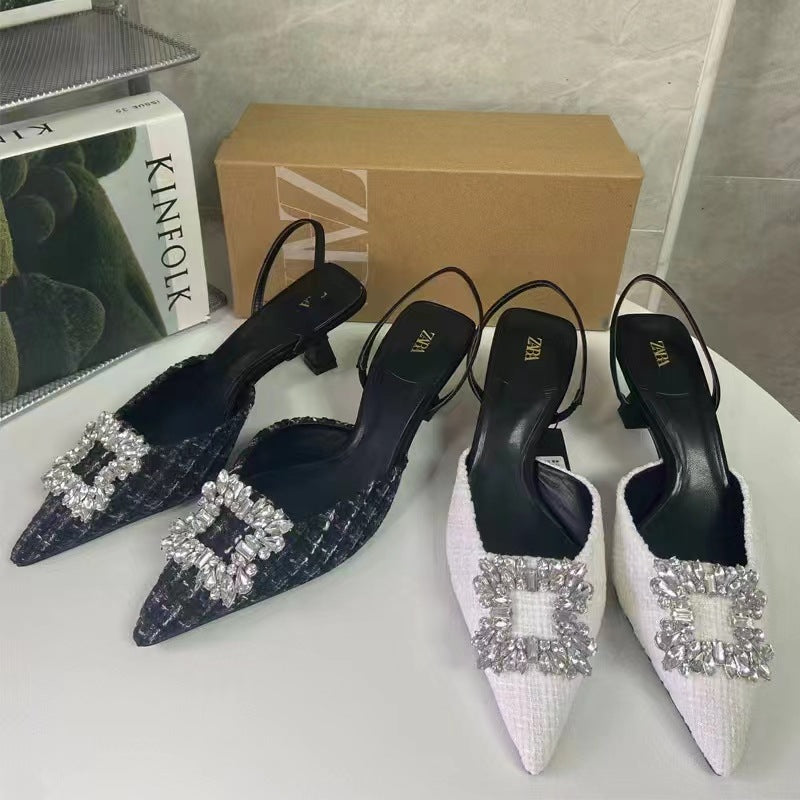 Za2024 new summer pointed-toe chanel-style canvas rhinestone square buckle embellished low-cut slingback sandals for women