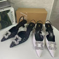 Za2024 new summer pointed-toe chanel-style canvas rhinestone square buckle embellished low-cut slingback sandals for women