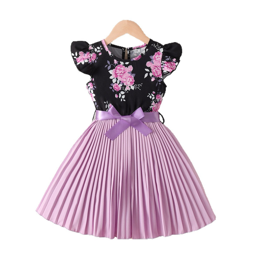 girls' dress: purple pleated skirt with black flutter sleeve top, floral print spring/summer dress