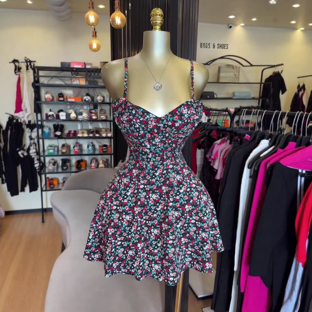 European and american cross-border women's clothing:  summer new collection - sweet & fresh floral high-waisted a-line mini slip dress