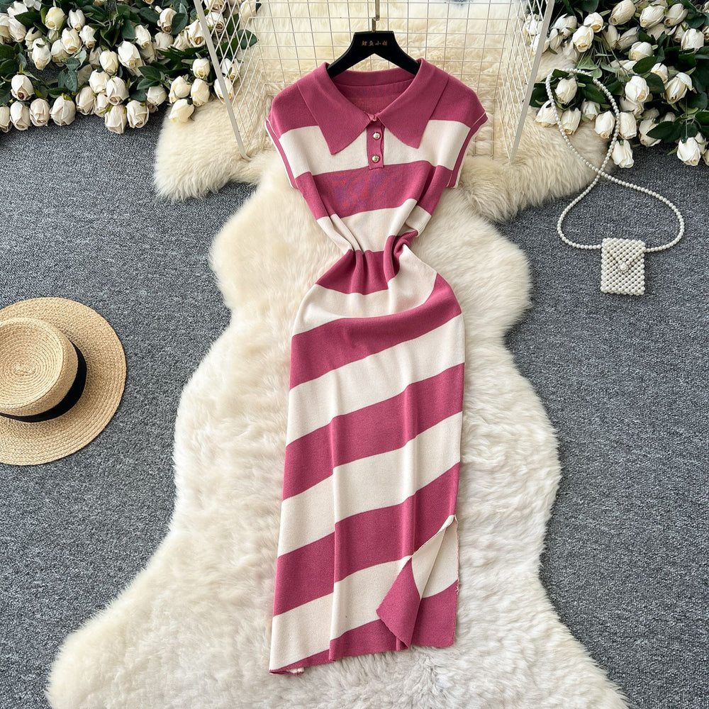 Niche styleretrofashionpolo collar short sleevecontrast colorstripesknittingdress women's waist slit sweater skirt