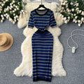 Summernew arrivalniche styleretrocontrast colorstripesknittingdressfemale socialite silmslimming lookround neck short-sleeved long skirt