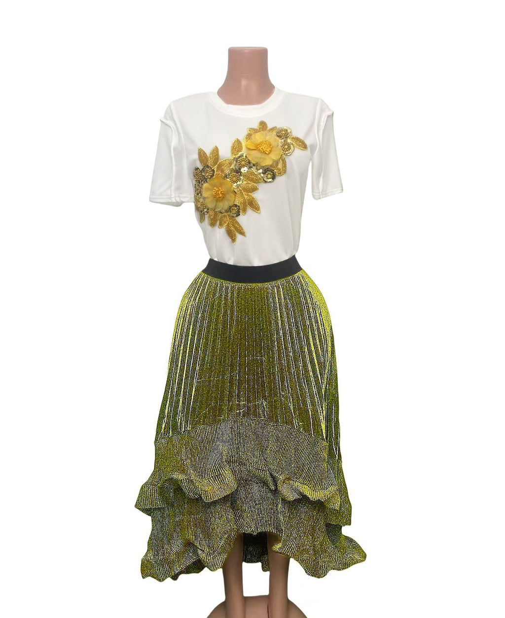 Cross-border French three-dimensional floating flower T-shirt + flash gold pleated ruffle edge long puffy skirt large size two-piece set