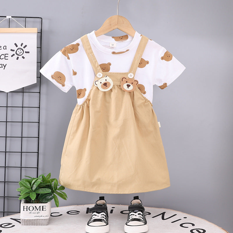 Children's summer overalls two-piece set for boys and girls, 0-5 years old, all-over print crew neck short sleeve outfit