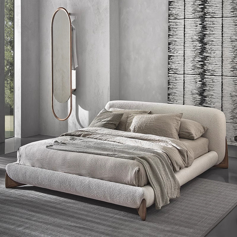 Factory direct: wabi-sabi style double bed - large size tatami bed for master bedroom - minimalist soft backrest lambswool fabric bed