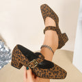Retro thick heel suede square toe flats women's  spring & fall new arrivalfleece-lined leopard print one-word buckle mary jane shoes