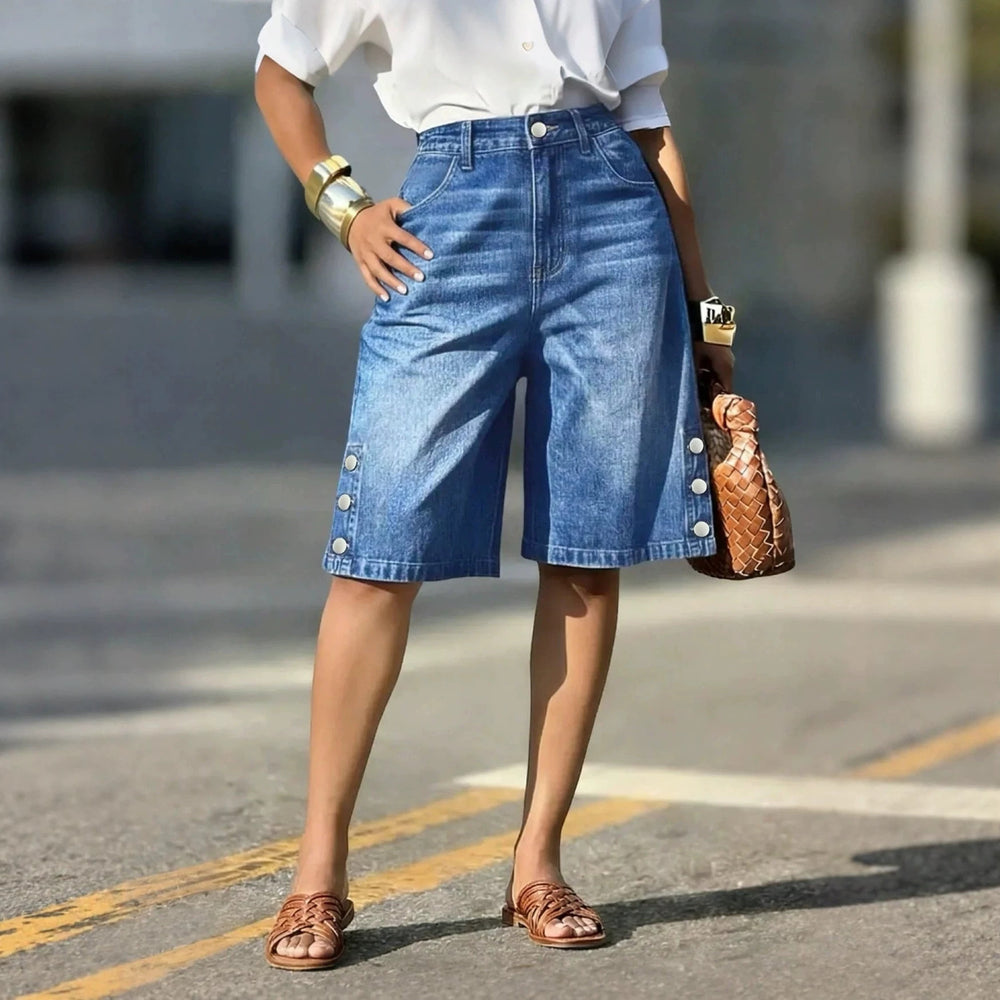 Fashionjeans women's high waist side button wide leg half length pants dark blue washed side button loosejeans