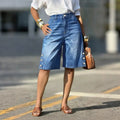 Fashionjeans women's high waist side button wide leg half length pants dark blue washed side button loosejeans