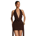 European and american women's clothing  summer new fashion teardrop embellished sexy deep v-neck halter neck tie-up bodycon dress