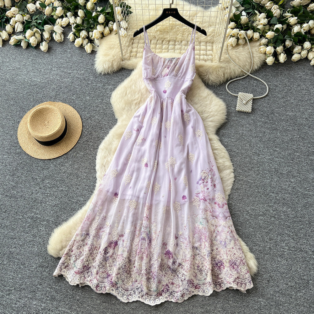 Vacation-style printed cami dress - romantic floral embroidery, korean high-waisted slimming maxi dress for women's summer