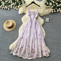 Vacation-style printed cami dress - romantic floral embroidery, korean high-waisted slimming maxi dress for women's summer