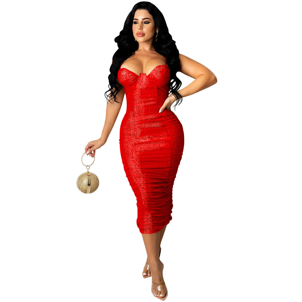 X5387 cross-border new arrival:  fashion european and american nightclub sequin sexy spaghetti strap slit maxi dress for women