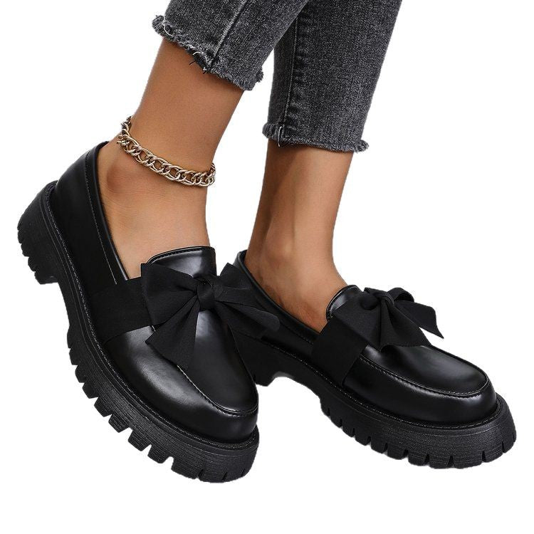 cross-border large size 35-43 black loafers women's niche bow thick bottom small leather shoes retroflats women