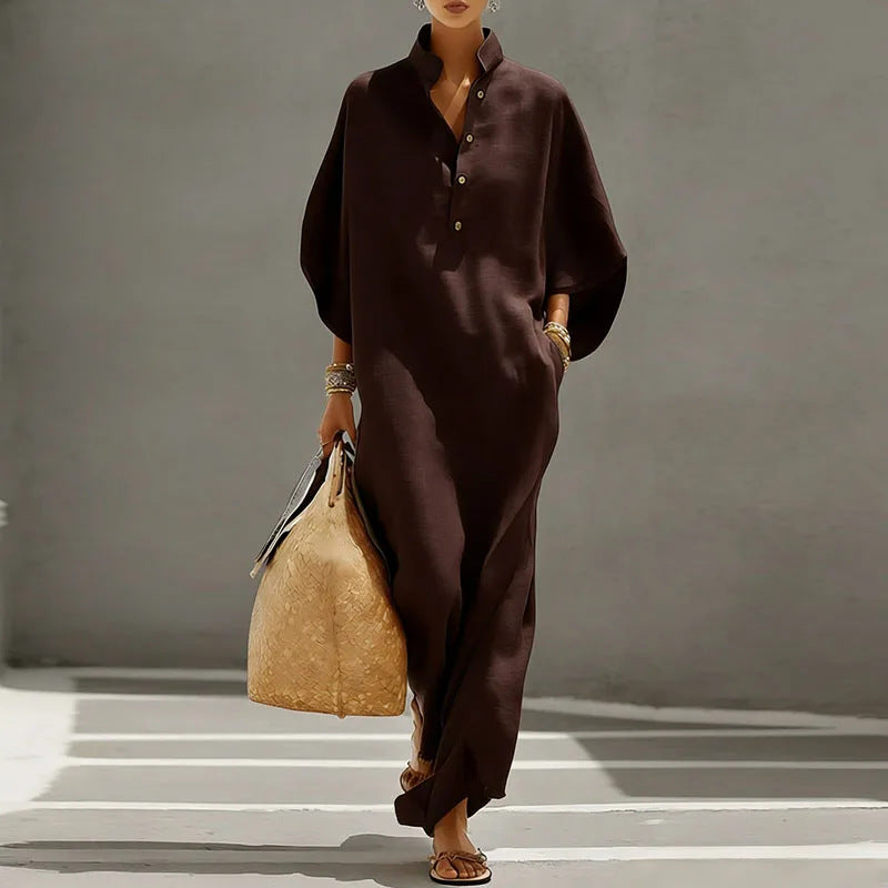fashion women's summer fashionloose stand collar buttons mid-sleeve long vacation style shirt dress