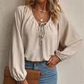 cross-border fashion raglan sleeve tie-front v-neck casual comfortable loose fit long sleeve top/blouse