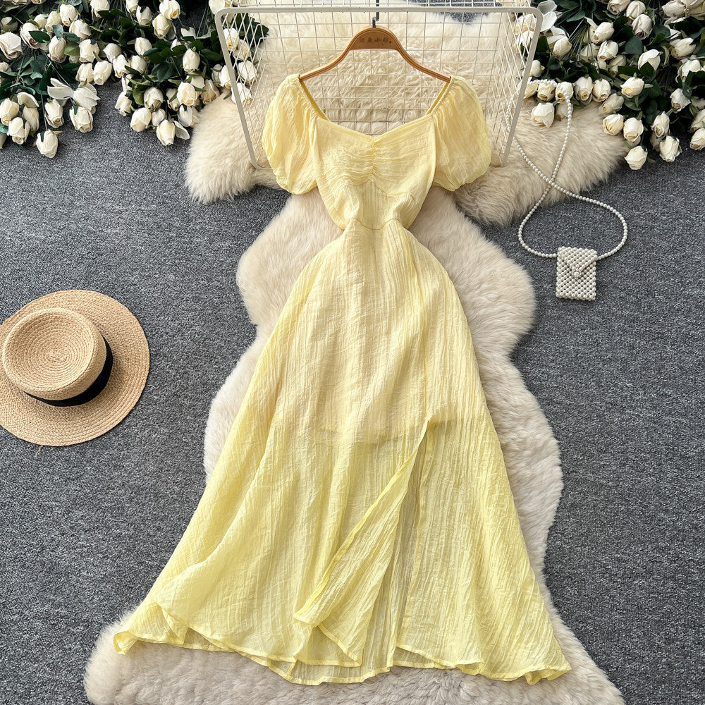 Lady style yellow casual puff sleeve dress women's summer lazy square neck waist slimming look a-line long skirt