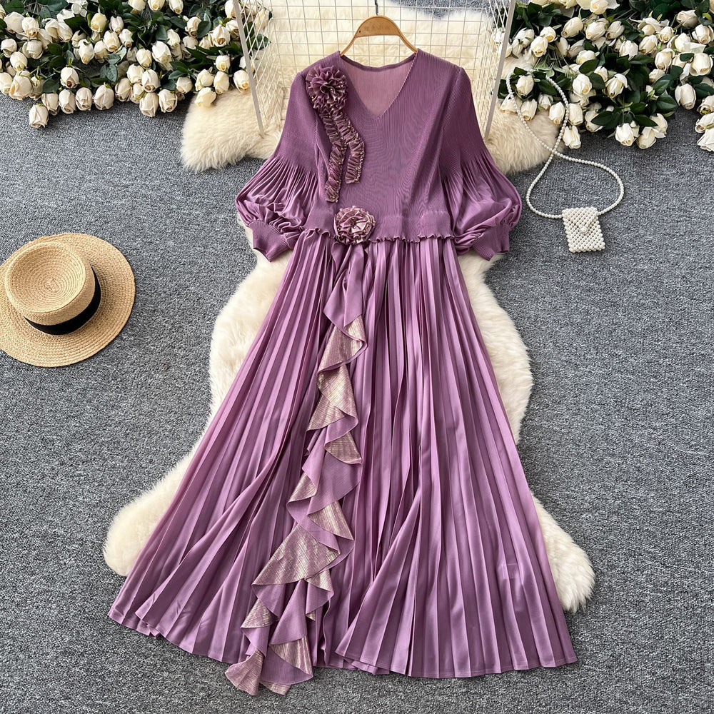 European and american style high-end women's autumn dress with ruffle trim, loose fit, and elegant flared skirt