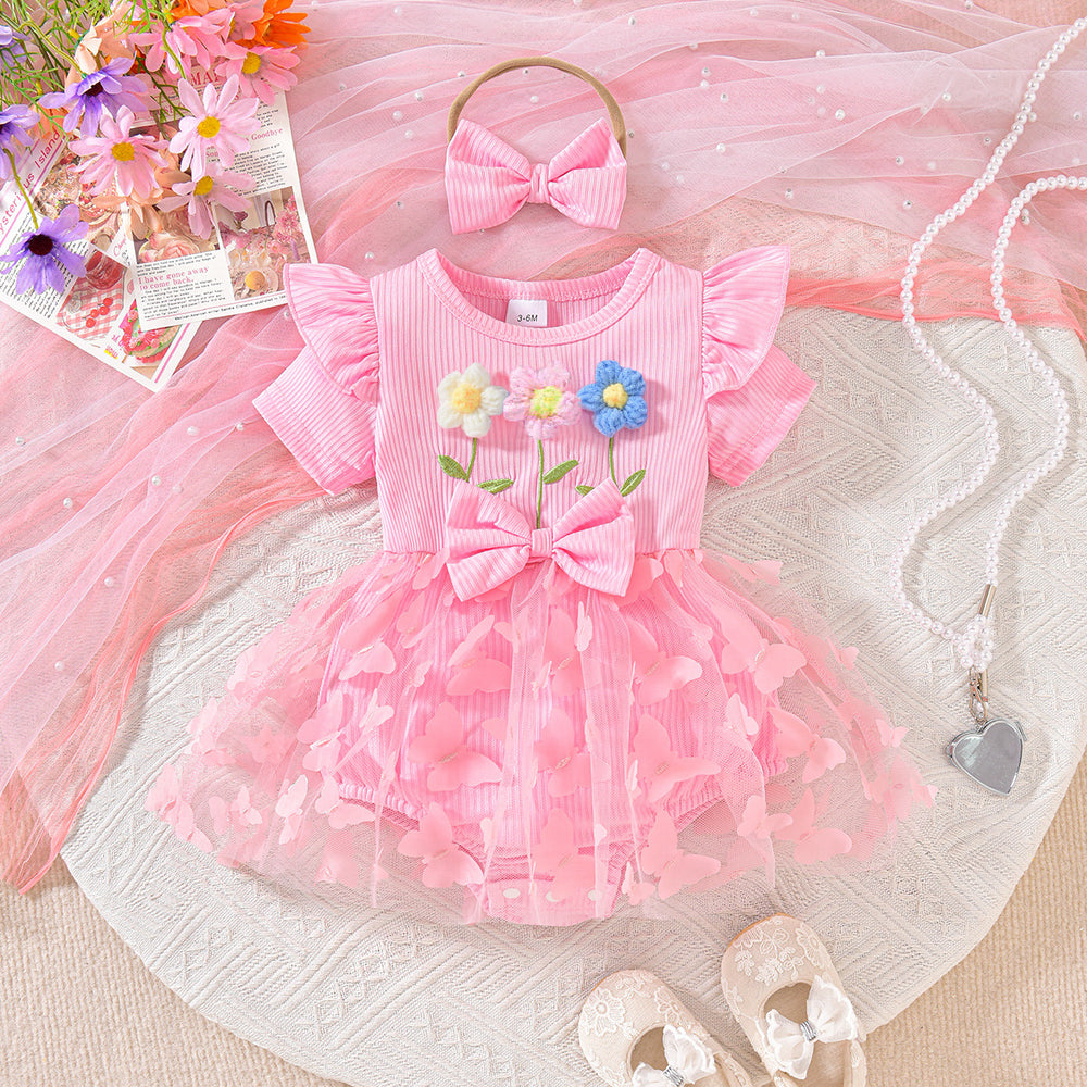 Baby girl cute three flowers stripespatchwork mesh one-piece jumpsuit dress