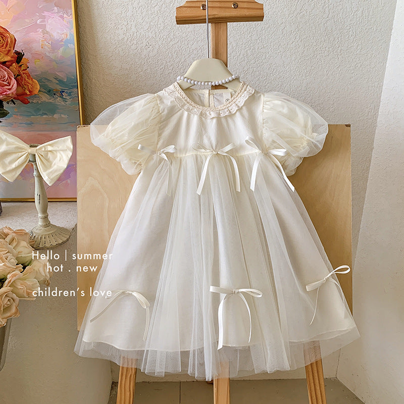 new girls' summer dress: stylish and trendy bubble sleeve mesh dress - sweet and elegant princess style