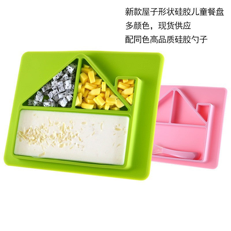 Factory cartoon house silicone plate baby all-in-one suction bowl kids silicone tableware with spoon