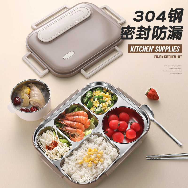 304 stainless steel lunch box office workers portable with rice box canteen with lid with tableware soup bowl grid lunch box