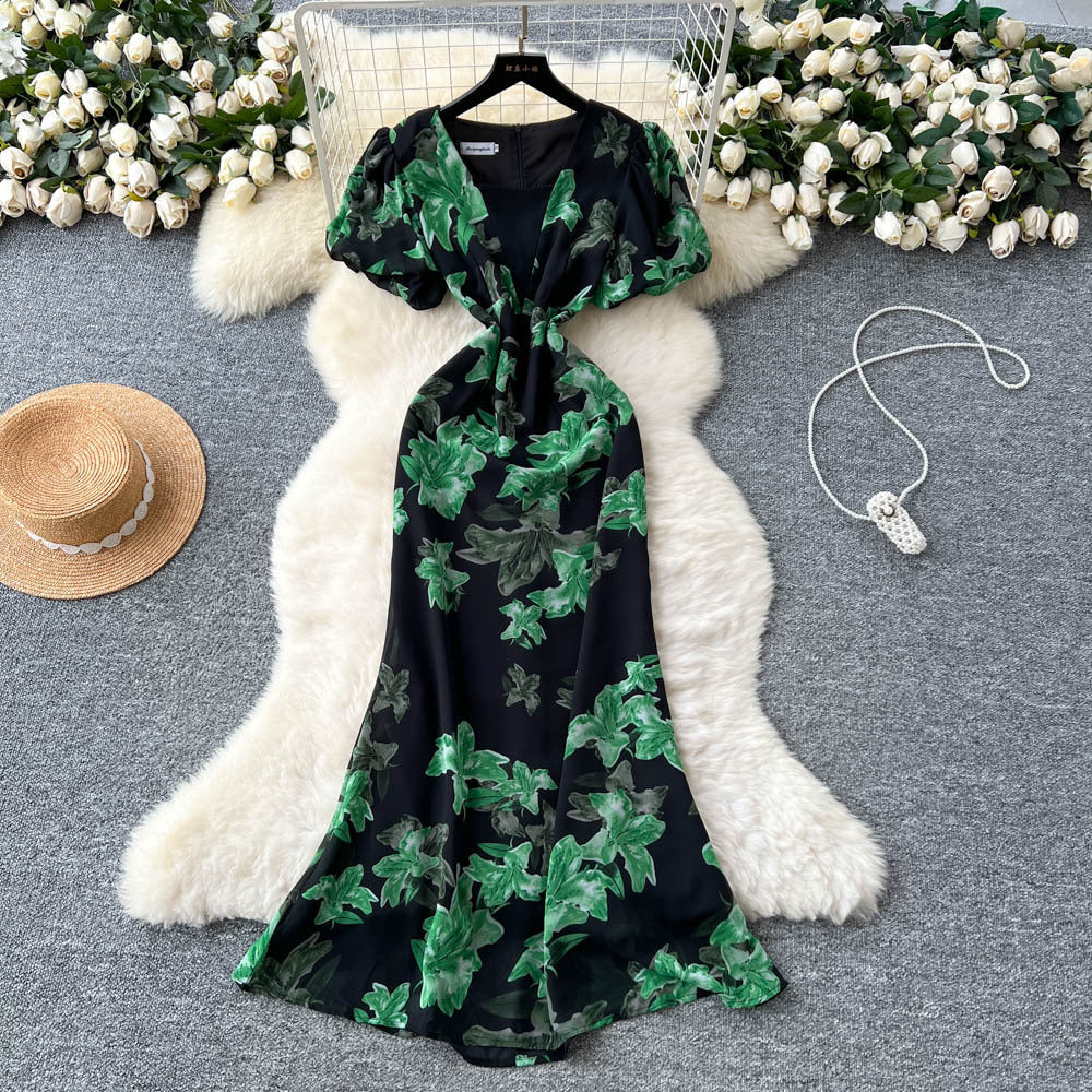 French romantic print bubble sleeve dress - women's summer mesh panel slim fit mermaid maxi dress