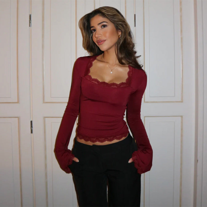 spring/summer new arrivals: european and american style women's fashion - elegant, sexy, versatile, slim-fit lace trim long sleeve top