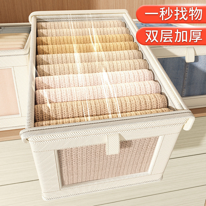 Oxford cloth window-opening visual clothing storage box with lid, household clothes fabric storage box, large finishing artifact box.