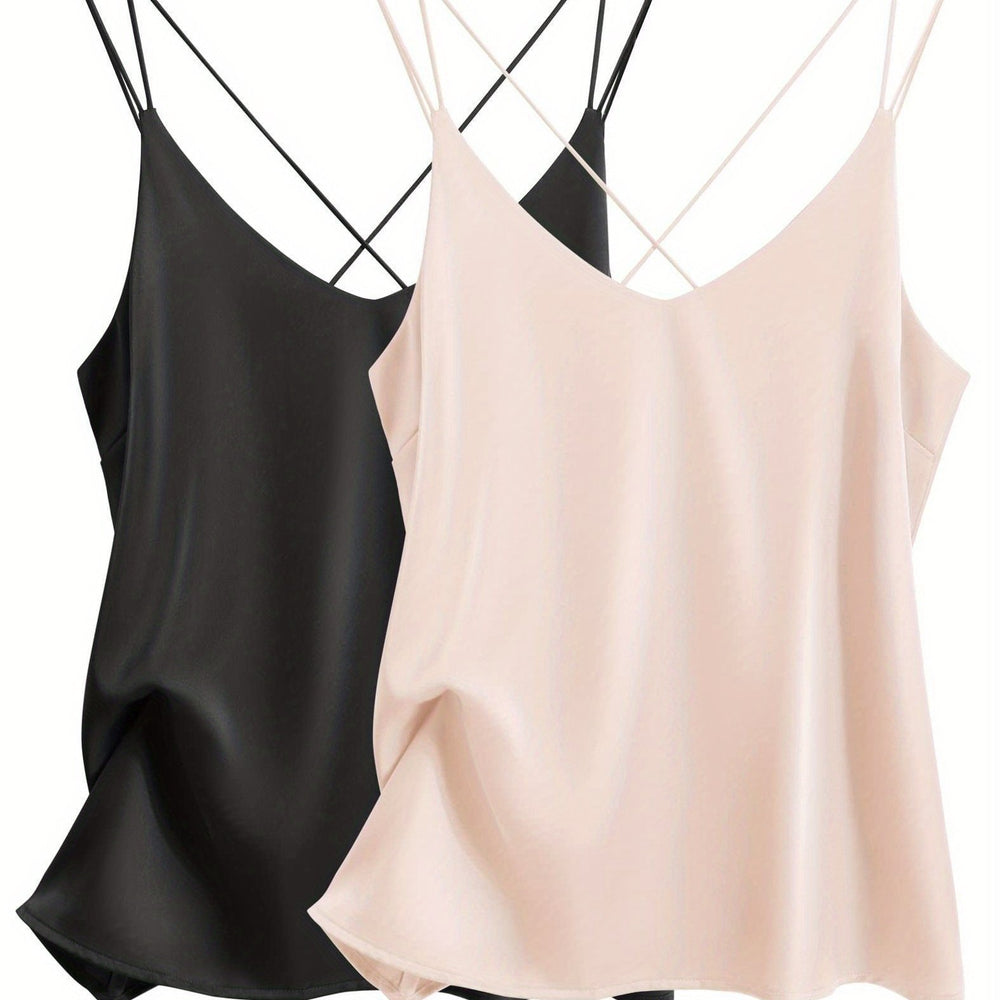 2 pack women's satin camisole v neck cross back sleeves