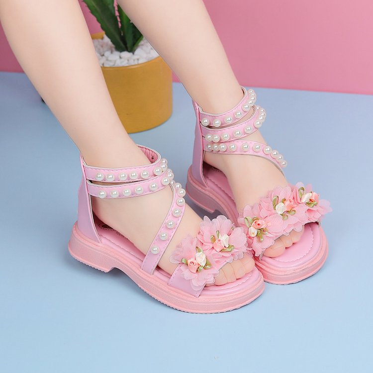Children's beach shoes breathable summer girls flowers sweet cute sandals soft-soled Roman shoes middle older children princess shoes