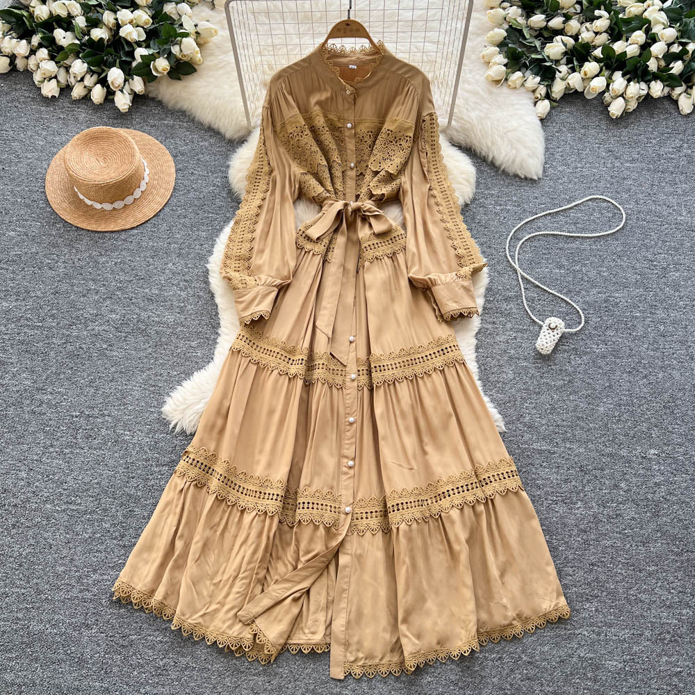 Vintage court style lantern sleeve dress - women's summer hollow-out crochet single-breasted elegant mature lady long dress