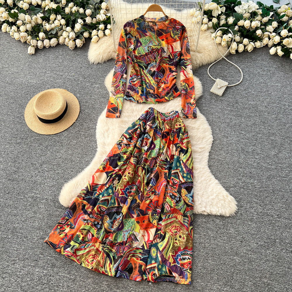Lightly mature outfit for women fashionfashionprinting round neck long sleevest-shirt tops+high waistdraped large hem skirtsuit