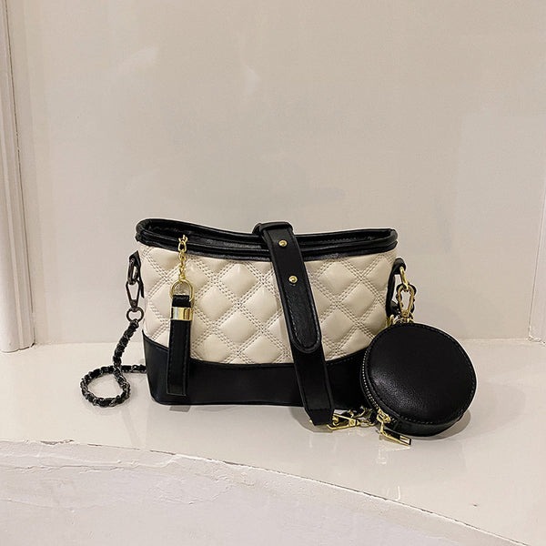 2025 new rhombus embroidery thread women's small bag, popular in summer, textured chain, crossbody or shoulder bucket bag