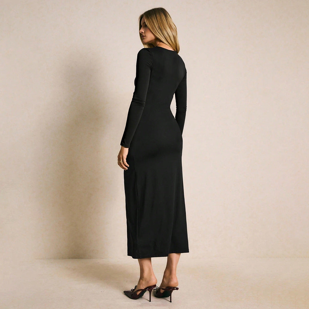 Amazon fashion style retro metal buckle waist slimming look side slit long sleeves black spring & fallnew arrivaldress for women